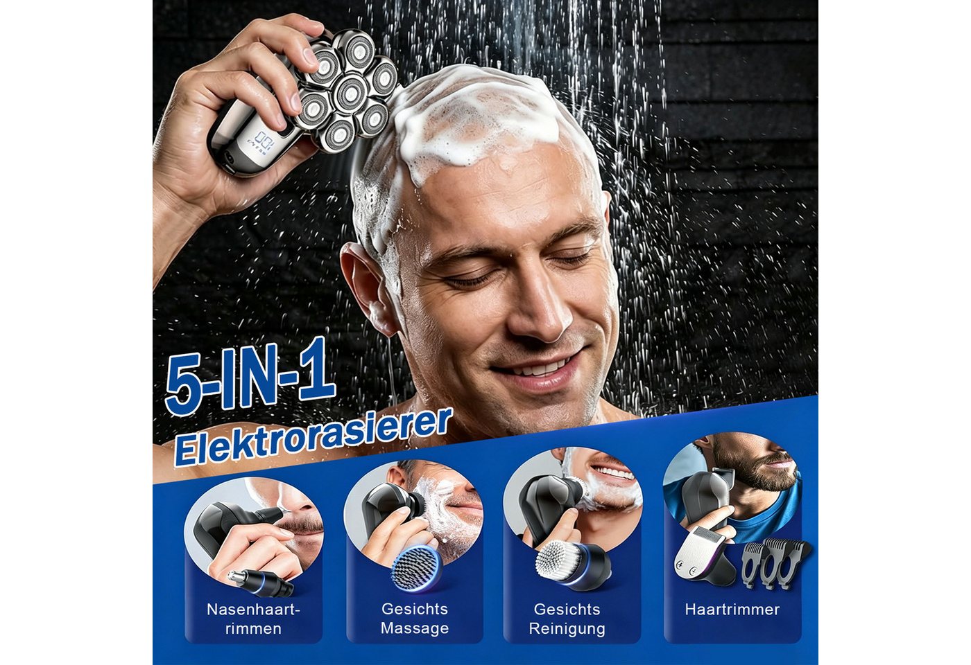 AKKEE Elektrorasierer Glatzen Rasierer Herren, Upgrade-7D Kopfrasierer Glatze, Aufsätze: 7, Haarschneider (3/5/7 mm), Nass-& Trockenrasur, IPX6 Wasserdicht, LED-Anzeige Bart Nasenhaar Trimmer Pflege Kit Bild 4