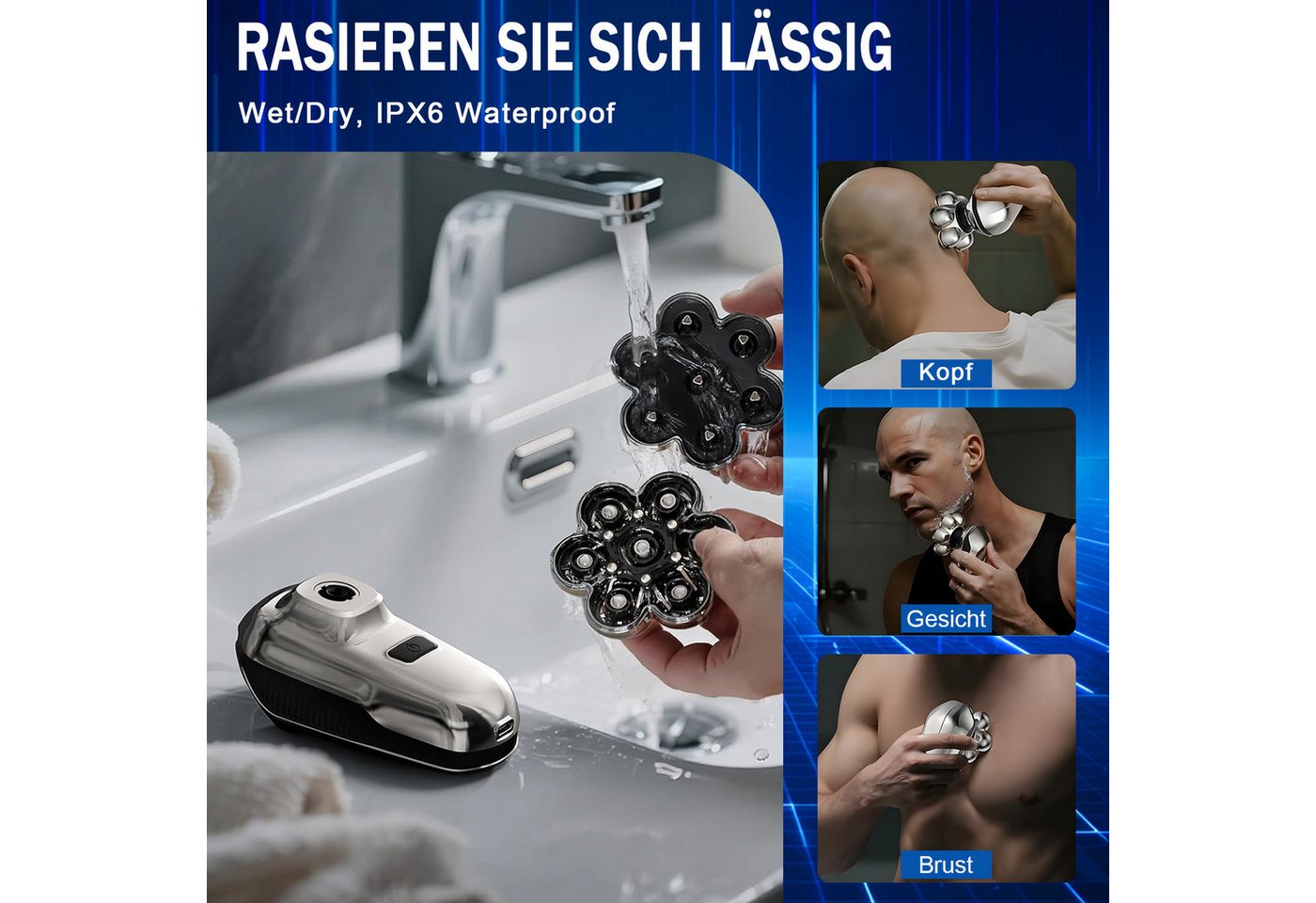 AKKEE Elektrorasierer Glatzen Rasierer Herren, Upgrade-7D Kopfrasierer Glatze, Aufsätze: 7, Haarschneider (3/5/7 mm), Nass-& Trockenrasur, IPX6 Wasserdicht, LED-Anzeige Bart Nasenhaar Trimmer Pflege Kit Bild 5