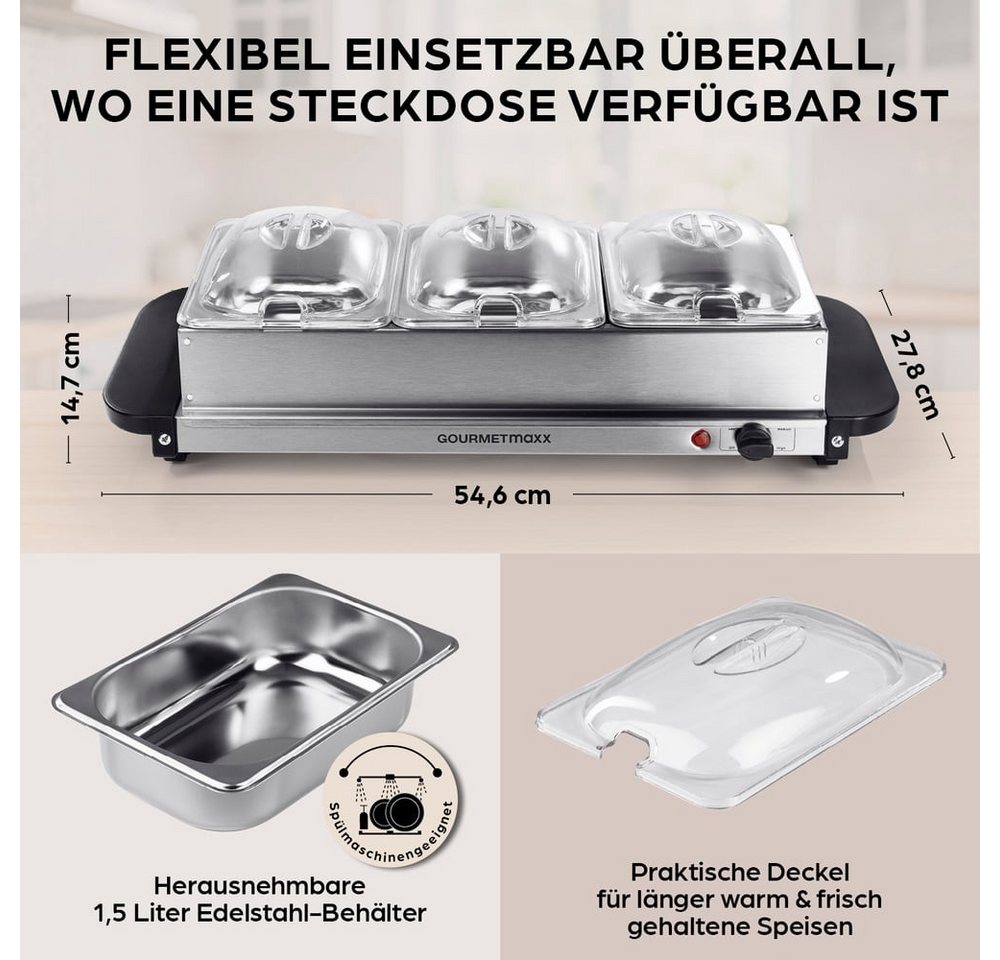 GOURMETmaxx Warmhalteplatte Buffetwärmer Servieren 200W Edelstahl/schwarz, 1,5 l Warmhalteschalen gleichmäßige Wärmeverteilung Party Hochzeit