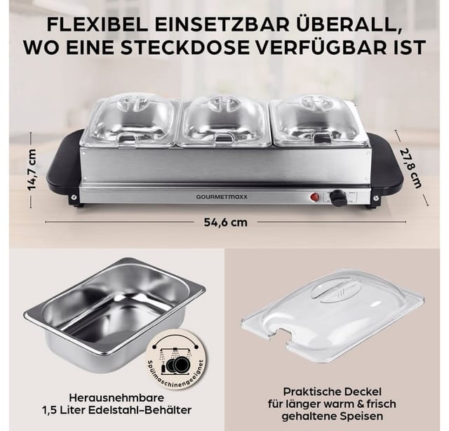 GOURMETmaxx Warmhalteplatte Buffetwärmer Servieren 200W Edelstahl/schwarz, 1,5 l Warmhalteschalen gleichmäßige Wärmeverteilung Party Hochzeit