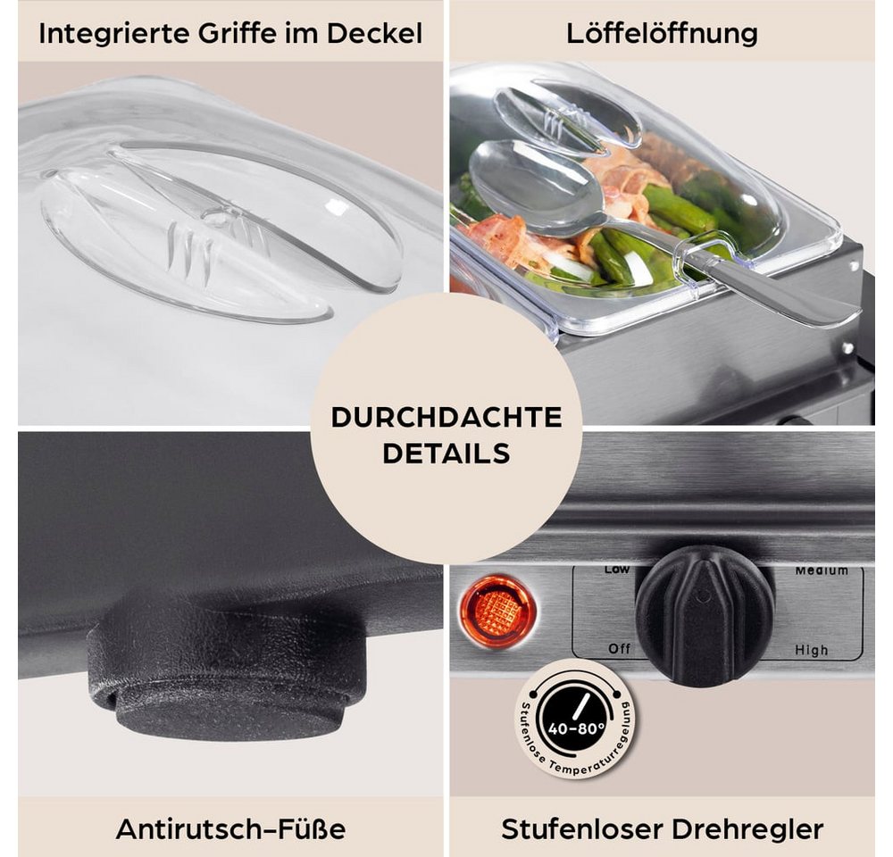 GOURMETmaxx Warmhalteplatte Buffetwärmer Servieren 200W Edelstahl/schwarz, 1,5 l Warmhalteschalen gleichmäßige Wärmeverteilung Party Hochzeit Bild 2