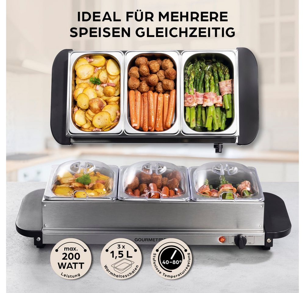 GOURMETmaxx Warmhalteplatte Buffetwärmer Servieren 200W Edelstahl/schwarz, 1,5 l Warmhalteschalen gleichmäßige Wärmeverteilung Party Hochzeit Bild 5