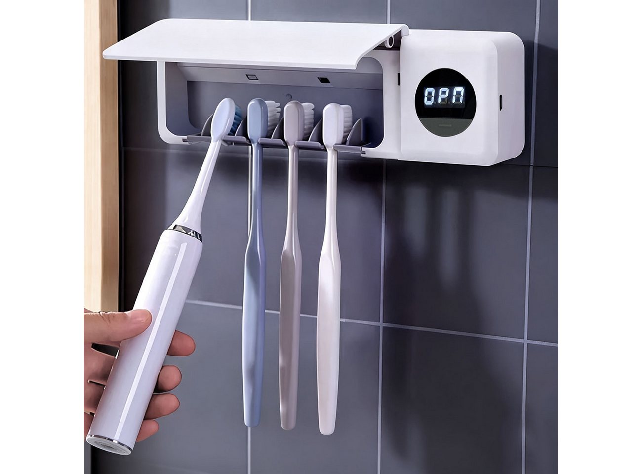 shop'n smile ideoon UV-Zahnbürstenhalter UV Zahnbürstenhalter Sterilisator mit Akku LCD-Display & Trocknung, 1-tlg., 1er-Set & 2er-Set, 2 UV-LEDs/4 Steckplätze/feuchtigkeitsbeständig/Ladezeit ca. 3–4 St. Bild 3