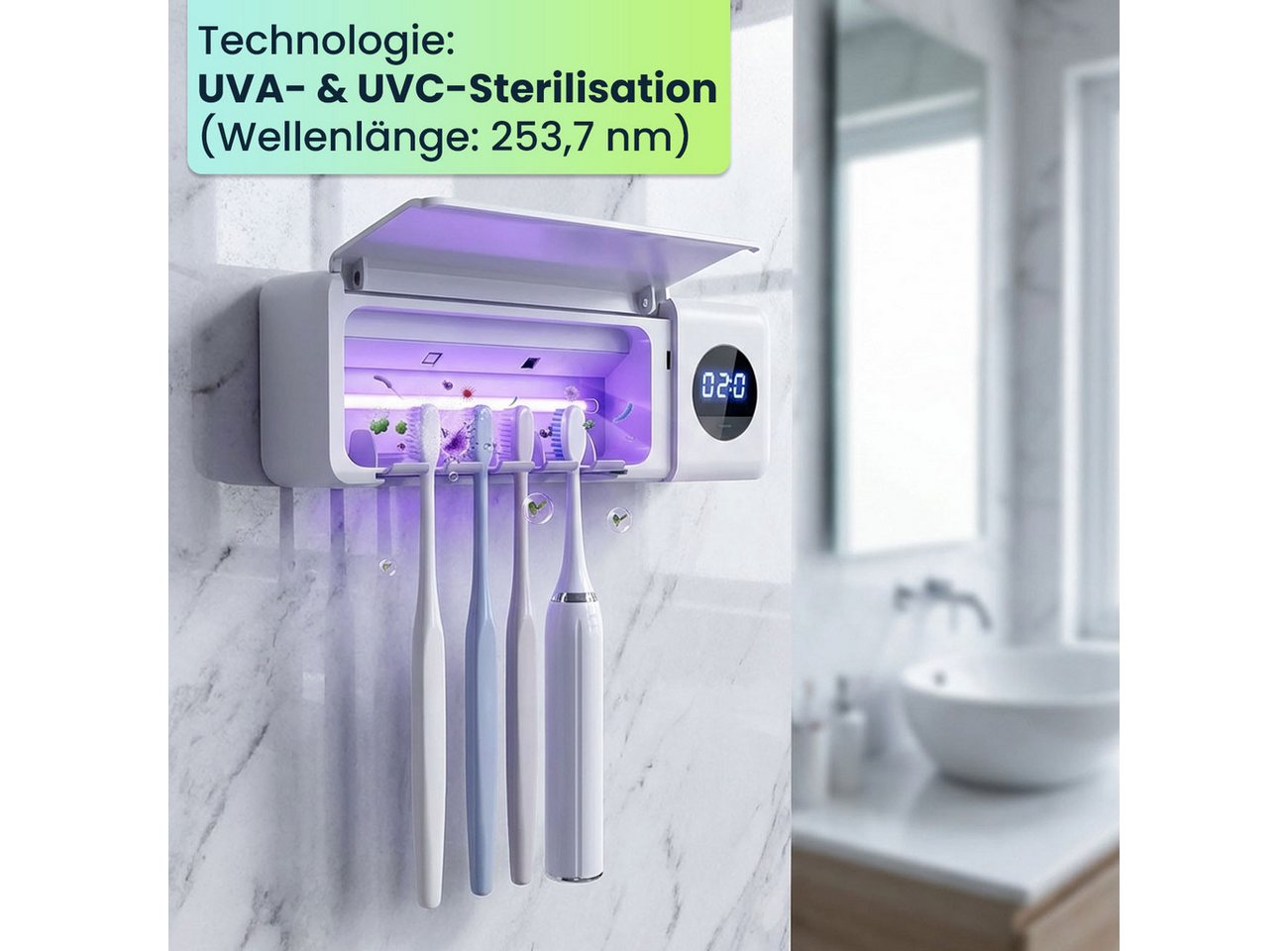 shop'n smile ideoon UV-Zahnbürstenhalter UV Zahnbürstenhalter Sterilisator mit Akku LCD-Display & Trocknung, 1-tlg., 1er-Set & 2er-Set, 2 UV-LEDs/4 Steckplätze/feuchtigkeitsbeständig/Ladezeit ca. 3–4 St. Bild 4