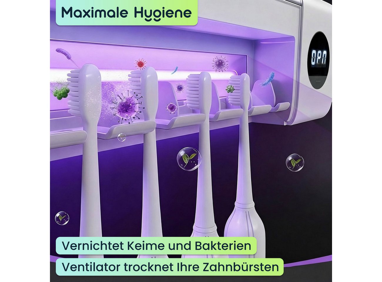 shop'n smile ideoon UV-Zahnbürstenhalter UV Zahnbürstenhalter Sterilisator mit Akku LCD-Display & Trocknung, 1-tlg., 1er-Set & 2er-Set, 2 UV-LEDs/4 Steckplätze/feuchtigkeitsbeständig/Ladezeit ca. 3–4 St. Bild 5