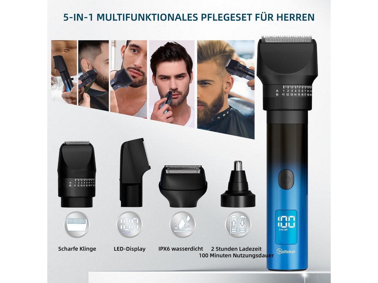 HATTEKER Haarschneider HT-6072, Bartschneider Präzisionstrimmer Folienrasierer, IPX6 5-IN-1-Set