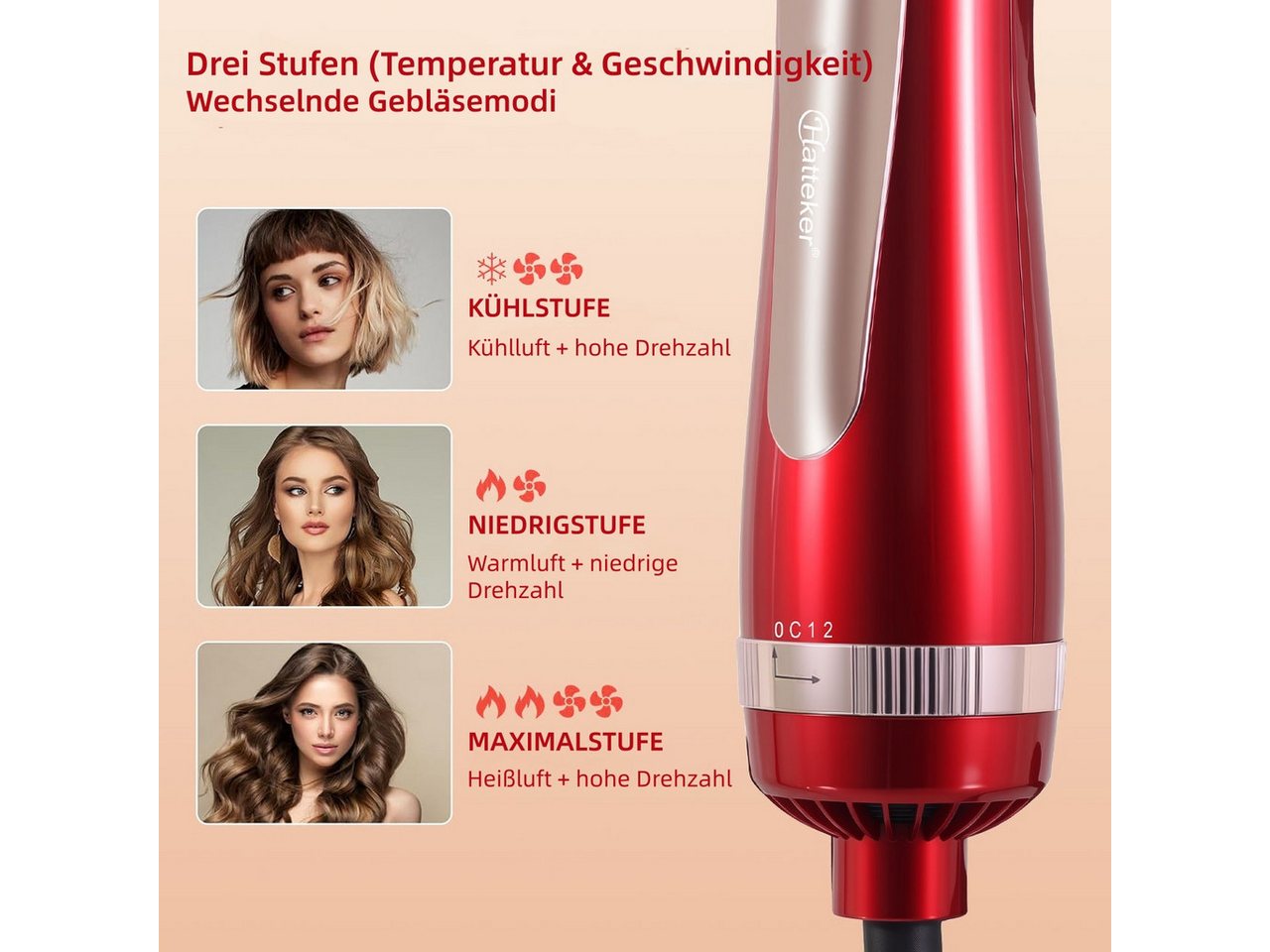 HATTEKER Warmluftbürste HT-320, 2-in-1 Heißluftbürste, für Wellen & glattes Haar Bild 3