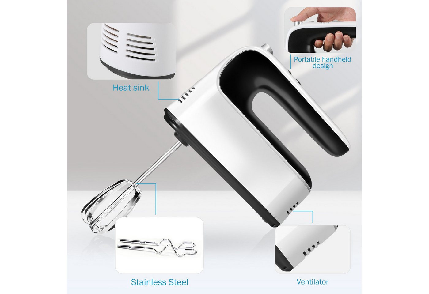 ibettertec Handmixer Handmixer Elektrisch Handrührgerät 5 Stufen Plus Turbo Kein Spritzen, 1000 W, Mixer Handrührer Aufbewahrungskiste,5 Edelstahl Zubehör,Leiser Motor Bild 4