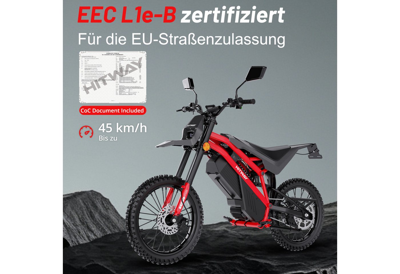 HITWAY E-Motorrad HT500 Elektro Motorrad (EEC L1e-B), 60V 27Ah, Hydraulikscheibenbremsen, 4000 W, 45 km/h, 238 Nm Rad-Drehmoment, 45–60 km Reichweite, Seitenständer-Abschaltung