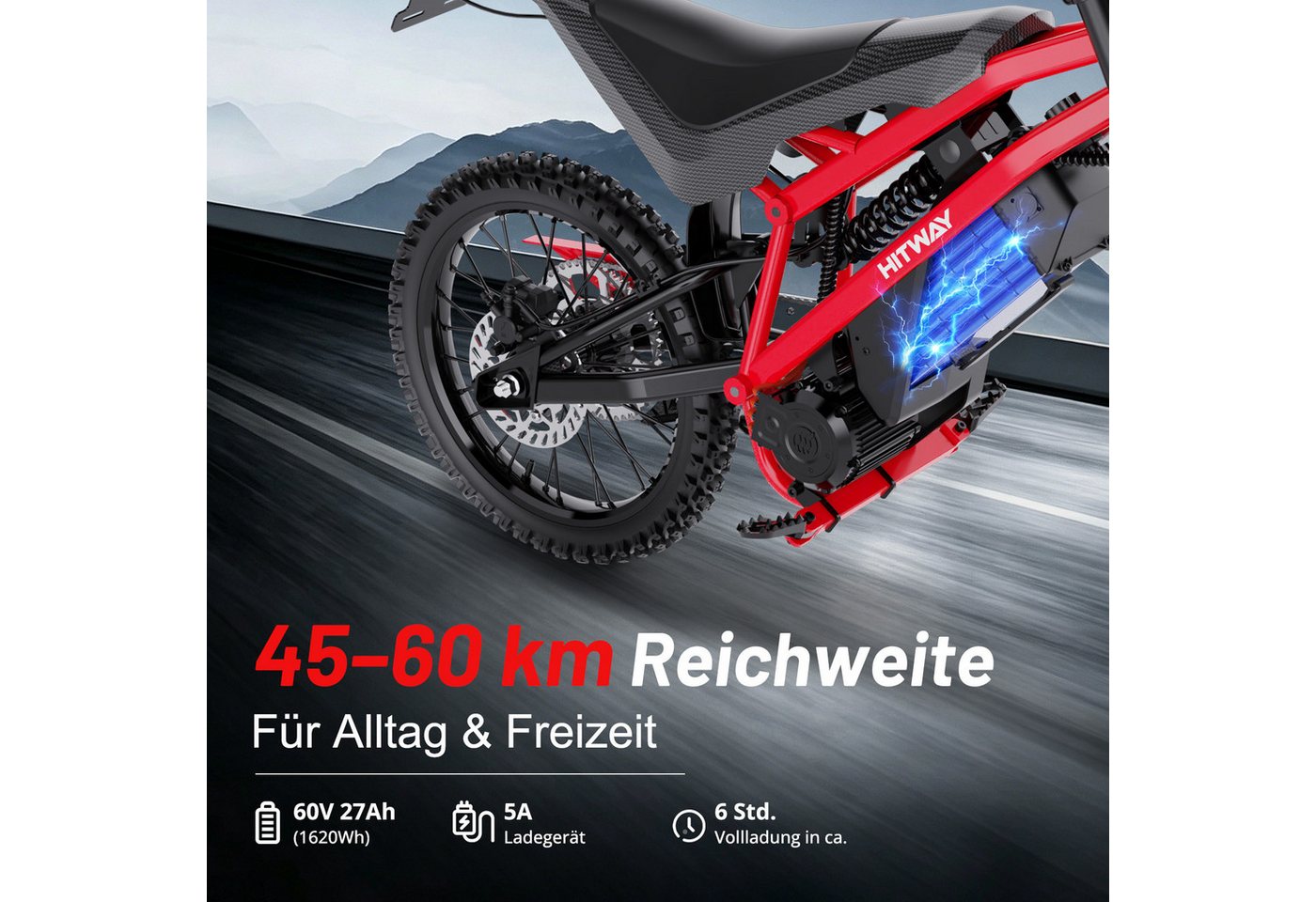 HITWAY E-Motorrad HT500 Elektro Motorrad (EEC L1e-B), 60V 27Ah, Hydraulikscheibenbremsen, 4000 W, 45 km/h, 238 Nm Rad-Drehmoment, 45–60 km Reichweite, Seitenständer-Abschaltung Bild 2