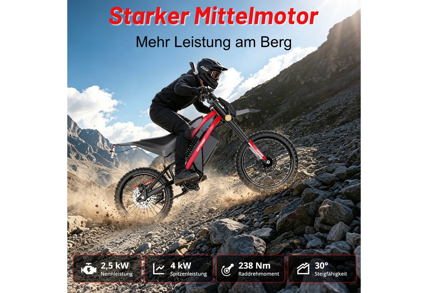 HITWAY E-Motorrad HT500 Elektro Motorrad (EEC L1e-B), 60V 27Ah, Hydraulikscheibenbremsen, 4000 W, 45 km/h, 238 Nm Rad-Drehmoment, 45–60 km Reichweite, Seitenständer-Abschaltung Bild 3