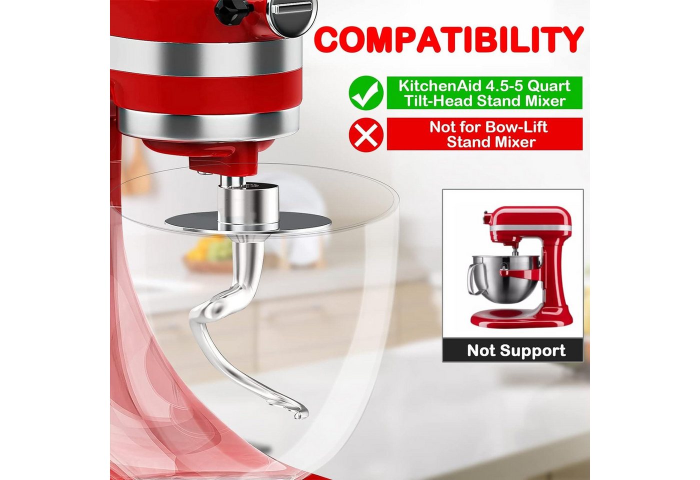 BlingBin Knethaken Spiralförmiger Knethaken für Kitchenaid Standrührer, Zubehör für K45, K45SS, KSM75, KSM90, KSM95, KSM100, KSM103, KSM110 oder KSM150., für Kitchenaid 4.5/5QT Edelstahl Knethaken spülmaschinenfest Bild 3