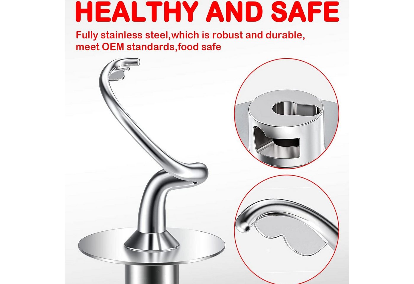 BlingBin Knethaken Spiralförmiger Knethaken für Kitchenaid Standrührer, Zubehör für K45, K45SS, KSM75, KSM90, KSM95, KSM100, KSM103, KSM110 oder KSM150., für Kitchenaid 4.5/5QT Edelstahl Knethaken spülmaschinenfest Bild 4