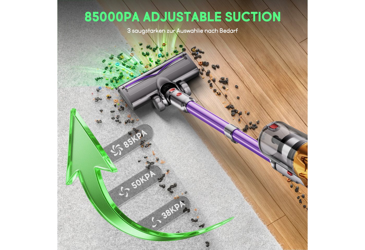 Hiazurm Akku-Hand-und Stielstaubsauger Akku Staubsauger,85000Pa/2.8L/70min OLED-Display Staubsauger Kabellos, 3 Stufen Bürstenloser Motor Stabstaubsauger Grüne Schmutz-Erkennung, Akkusauger für Tierhaare, Teppich & Auto