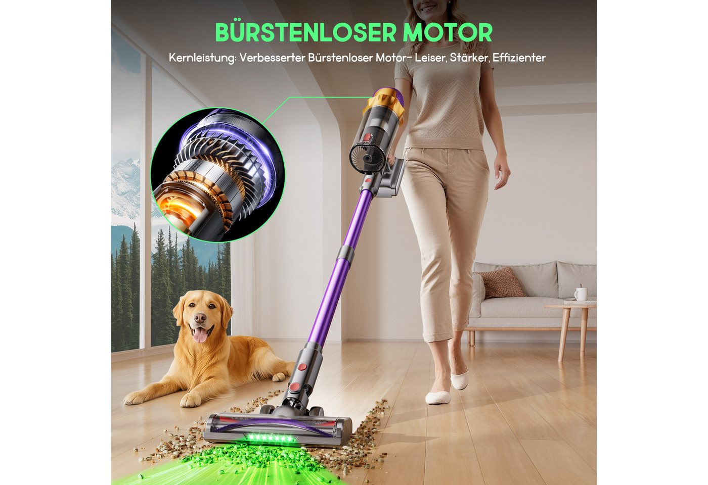 Hiazurm Akku-Hand-und Stielstaubsauger Akku Staubsauger,85000Pa/2.8L/70min OLED-Display Staubsauger Kabellos, 3 Stufen Bürstenloser Motor Stabstaubsauger Grüne Schmutz-Erkennung, Akkusauger für Tierhaare, Teppich & Auto Bild 2
