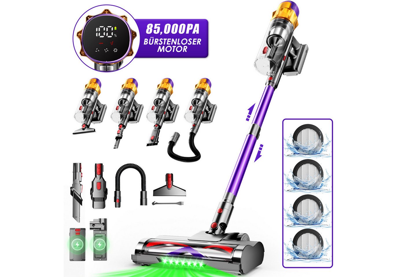 Hiazurm Akku-Hand-und Stielstaubsauger Akku Staubsauger,85000Pa/2.8L/70min OLED-Display Staubsauger Kabellos, 3 Stufen Bürstenloser Motor Stabstaubsauger Grüne Schmutz-Erkennung, Akkusauger für Tierhaare, Teppich & Auto Bild 4