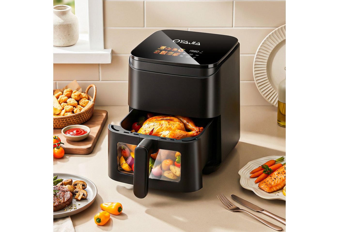 oyajia Heißluftfritteuse Air Fryer 4L XXL Heissluftfritteuse mit Sichtfenster, LED-Display, 8 vorprogrammierten Modi, 1400,00 W, einstellbare Temperatur, 60-Minuten-Timer, Gesunde Friteuse ohne Öl Bild 2