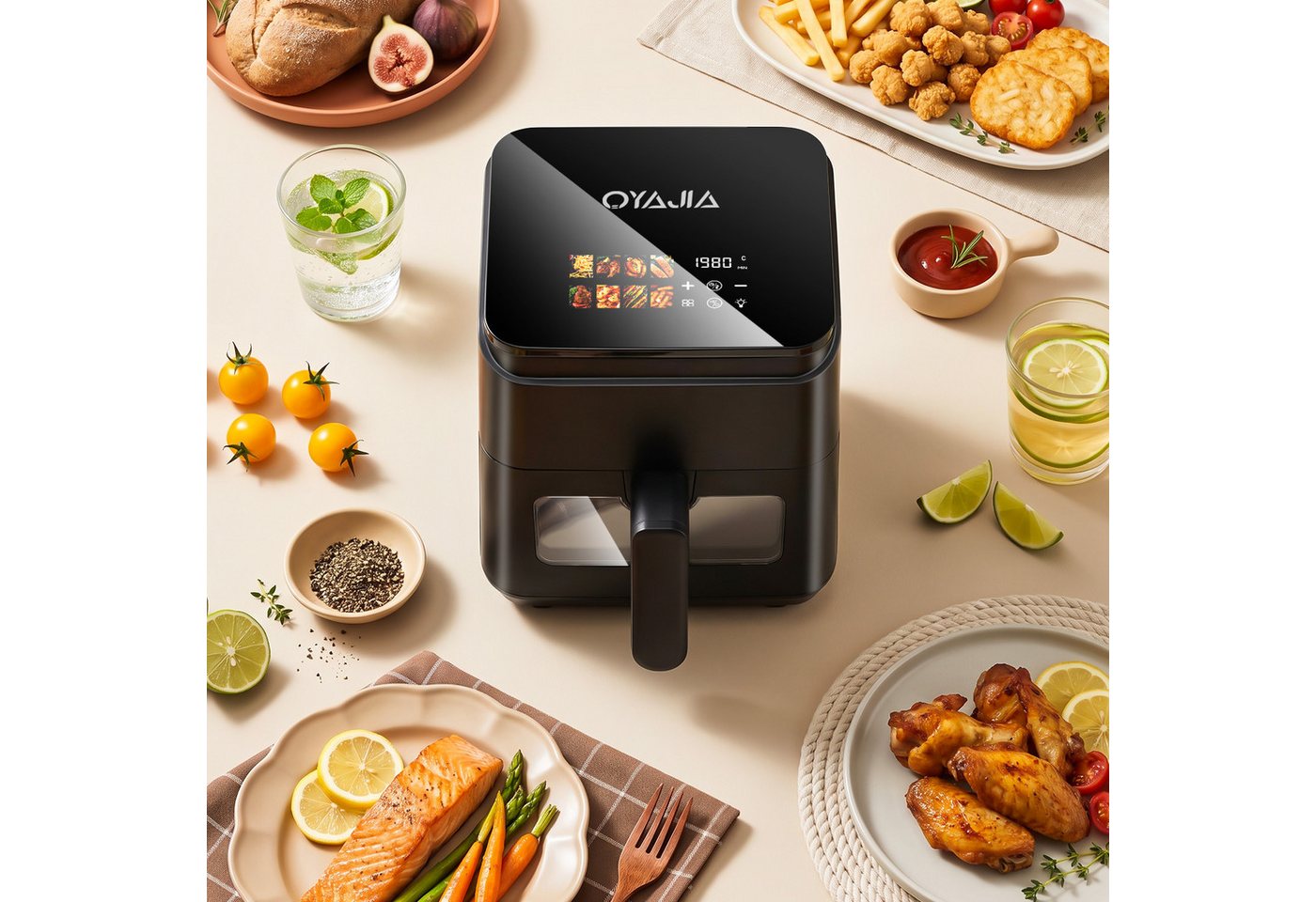 oyajia Heißluftfritteuse Air Fryer 4L XXL Heissluftfritteuse mit Sichtfenster, LED-Display, 8 vorprogrammierten Modi, 1400,00 W, einstellbare Temperatur, 60-Minuten-Timer, Gesunde Friteuse ohne Öl Bild 3