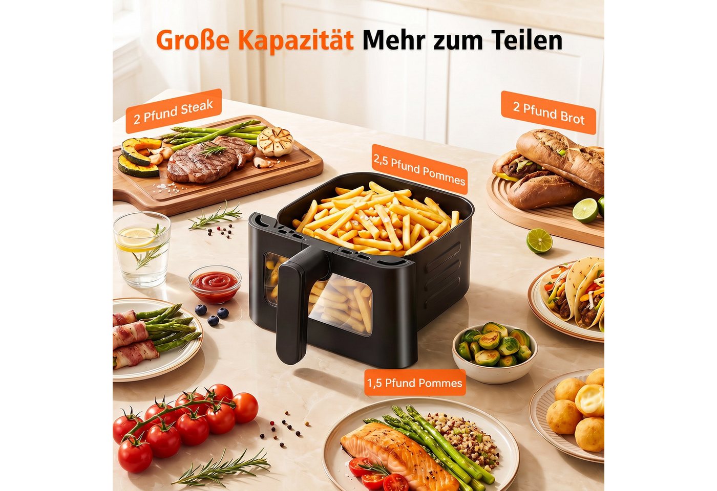 oyajia Heißluftfritteuse Air Fryer 4L XXL Heissluftfritteuse mit Sichtfenster, LED-Display, 8 vorprogrammierten Modi, 1400,00 W, einstellbare Temperatur, 60-Minuten-Timer, Gesunde Friteuse ohne Öl Bild 5
