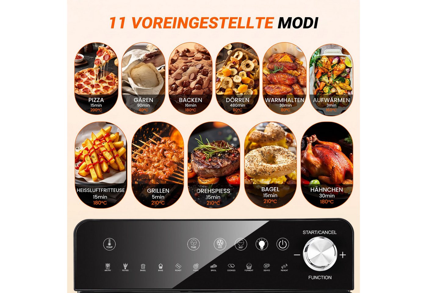 oyajia Heißluftfritteuse XXL Minibackofen 14L Airfryer, 11 Automatikprogramme mit Rotisserie-Funktion, Sichtfenster Innenbeleuchtung, Timer, 7 Anhänge, 1800 W, Vielseitiges Küchengerät zum Frittieren, Backen, Trocknen Aufwärmen