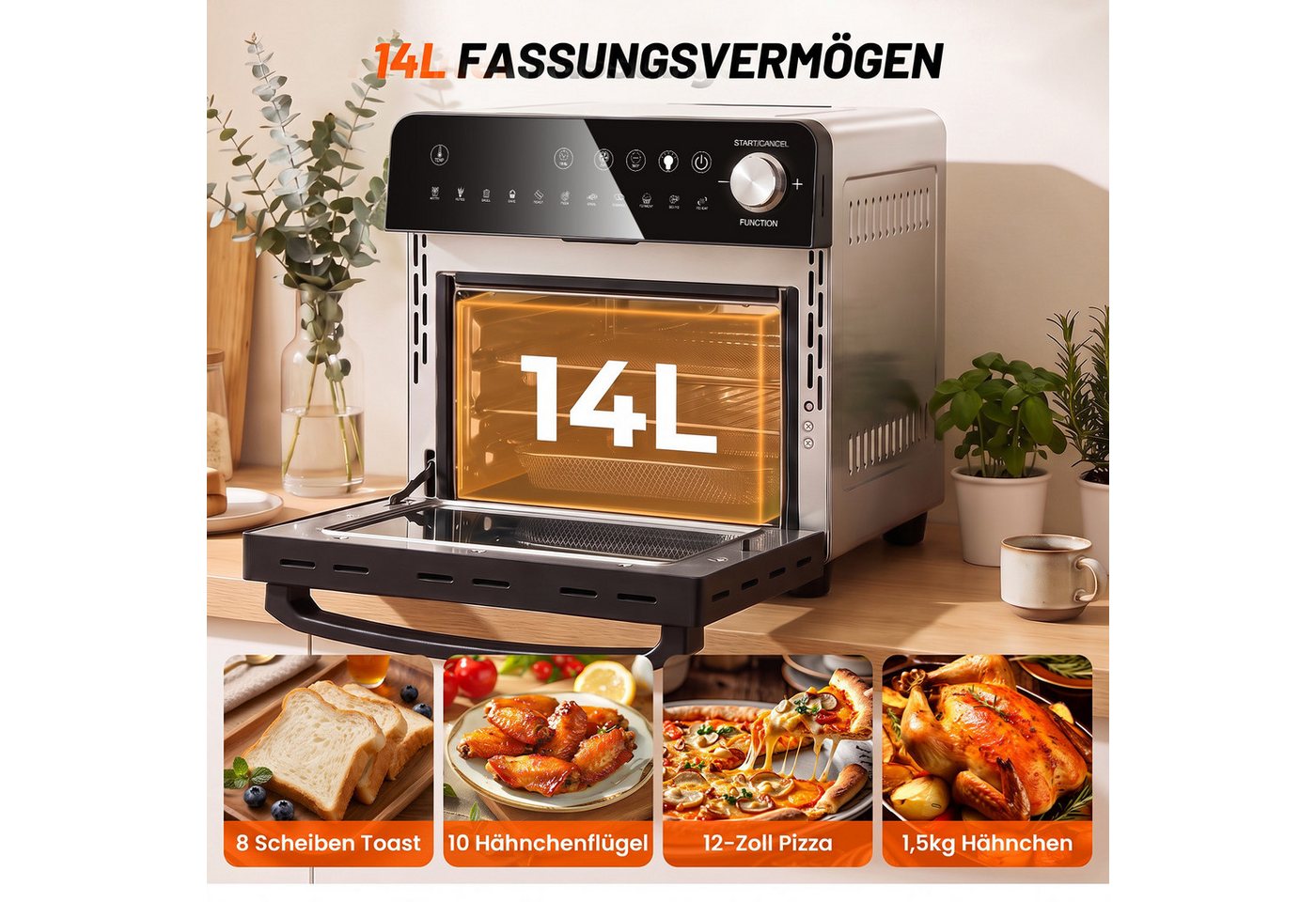oyajia Heißluftfritteuse XXL Minibackofen 14L Airfryer, 11 Automatikprogramme mit Rotisserie-Funktion, Sichtfenster Innenbeleuchtung, Timer, 7 Anhänge, 1800 W, Vielseitiges Küchengerät zum Frittieren, Backen, Trocknen Aufwärmen Bild 2