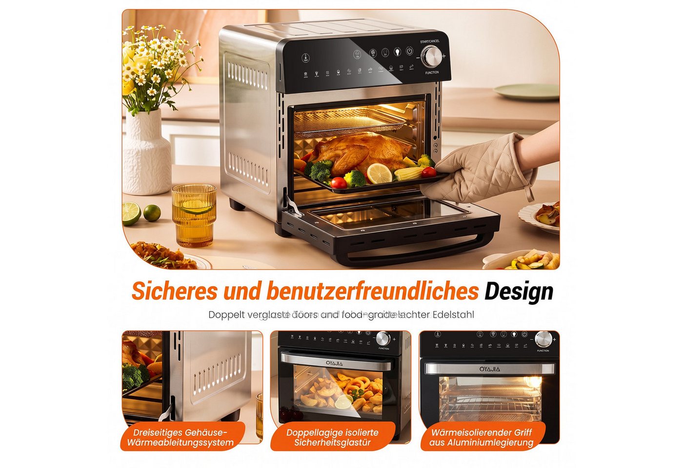 oyajia Heißluftfritteuse XXL Minibackofen 14L Airfryer, 11 Automatikprogramme mit Rotisserie-Funktion, Sichtfenster Innenbeleuchtung, Timer, 7 Anhänge, 1800 W, Vielseitiges Küchengerät zum Frittieren, Backen, Trocknen Aufwärmen Bild 3
