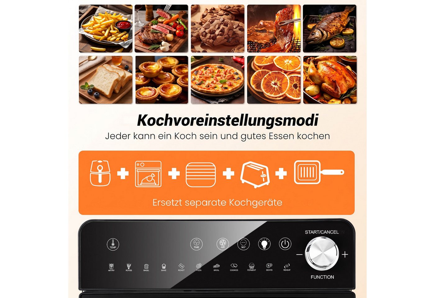 oyajia Heißluftfritteuse XXL Minibackofen 14L Airfryer, 11 Automatikprogramme mit Rotisserie-Funktion, Sichtfenster Innenbeleuchtung, Timer, 7 Anhänge, 1800 W, Vielseitiges Küchengerät zum Frittieren, Backen, Trocknen Aufwärmen Bild 4
