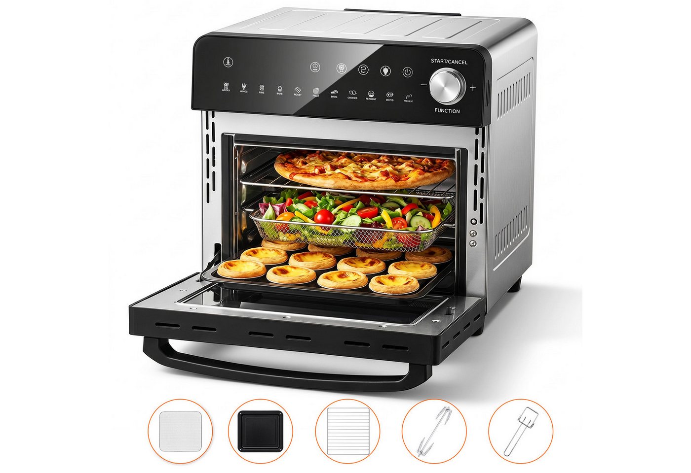 oyajia Heißluftfritteuse XXL Minibackofen 14L Airfryer, 11 Automatikprogramme mit Rotisserie-Funktion, Sichtfenster Innenbeleuchtung, Timer, 7 Anhänge, 1800 W, Vielseitiges Küchengerät zum Frittieren, Backen, Trocknen Aufwärmen Bild 5