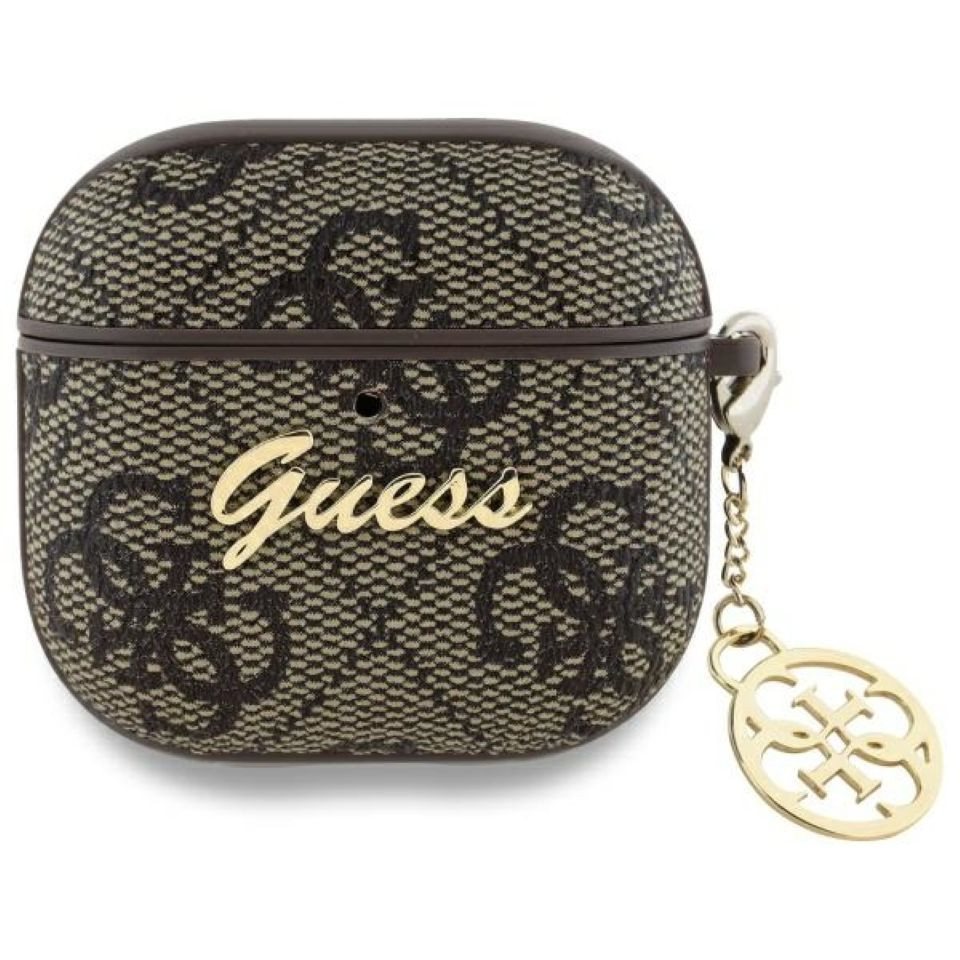Guess Kopfhörer-Schutzhülle Case AirPods 4 Kunstleder braun Logo Metal Kette goldfarbig, Kantenschutz Bild 2