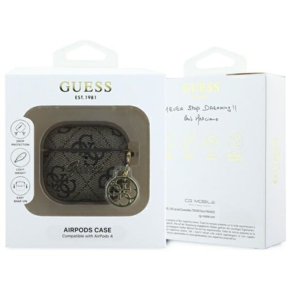 Guess Kopfhörer-Schutzhülle Case AirPods 4 Kunstleder braun Logo Metal Kette goldfarbig, Kantenschutz Bild 4