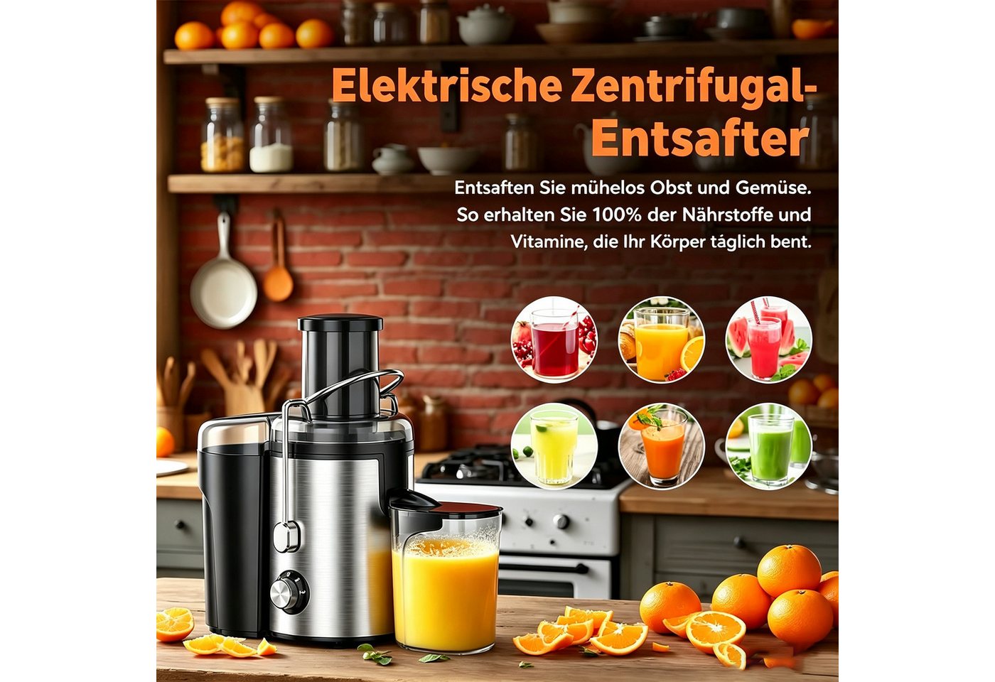 Forrlite Entsafter Entsafter für Obst und Gemüse, Entsafter aus Edelstahl, 600 W, elektrische Saftpresse,75mm Füllöffnung und 3 Geschwindigkeiten Bild 2