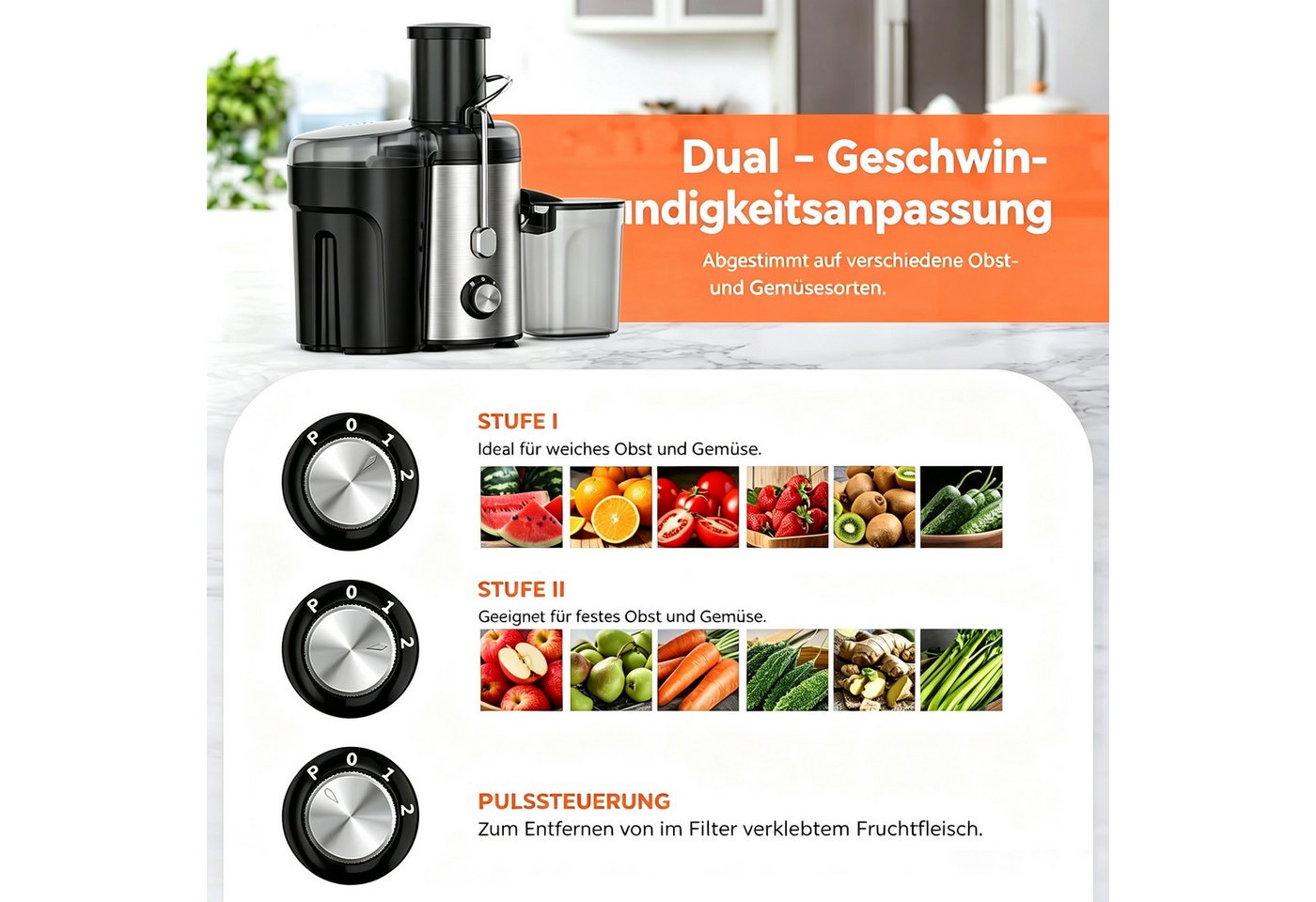 Forrlite Entsafter Entsafter für Obst und Gemüse, Entsafter aus Edelstahl, 600 W, elektrische Saftpresse,75mm Füllöffnung und 3 Geschwindigkeiten Bild 4