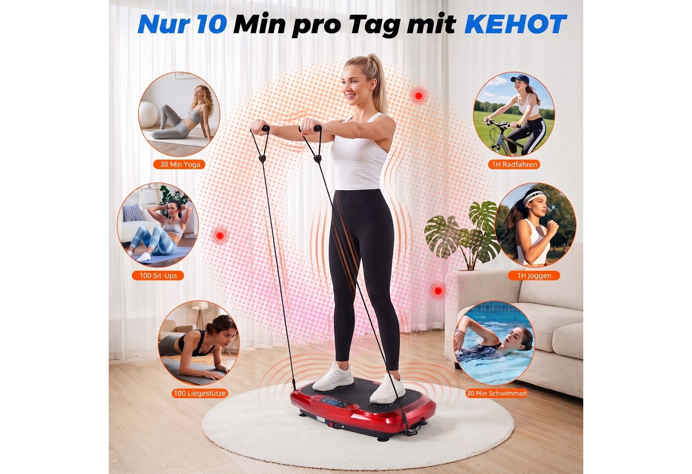 kehot Vibrationsplatte Vibrationsplatte mit 2 Widerstandsbänder, 5 Fitnessbänder, Bluetooth, 300 W, 120 Intensitätsstufen, Rüttelplatte Sport für Zuhause, Ganzkörpertraining für Home Workout Bild 3