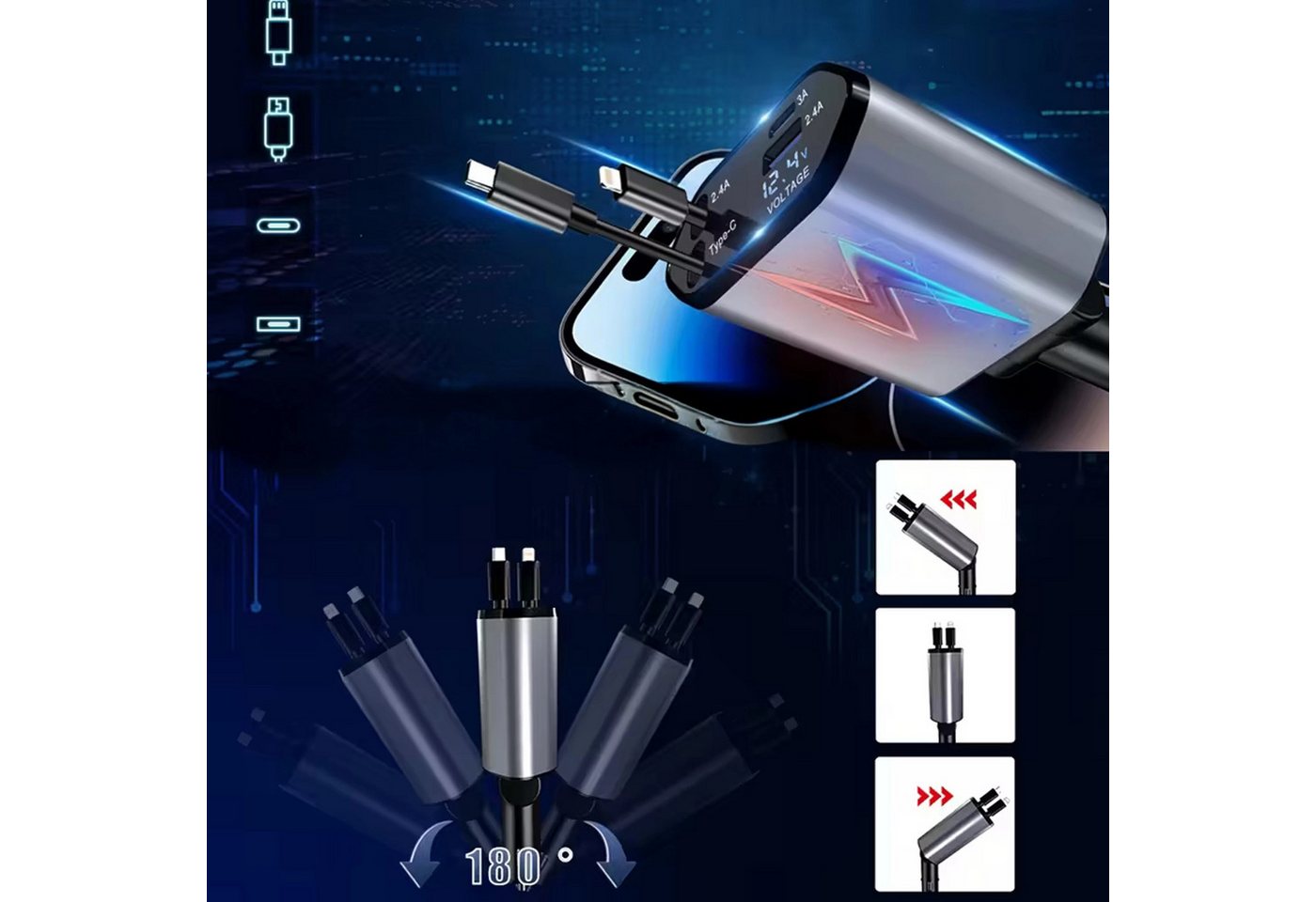 Realb2b Auto Ladegerät 4in1 KFZ USB C Adapter mit Kabel 80cm 12V 24V KFZ Adapter (4 Geräte laden Kabel aufrollbar LED Anzeige Gelenk flexibel)