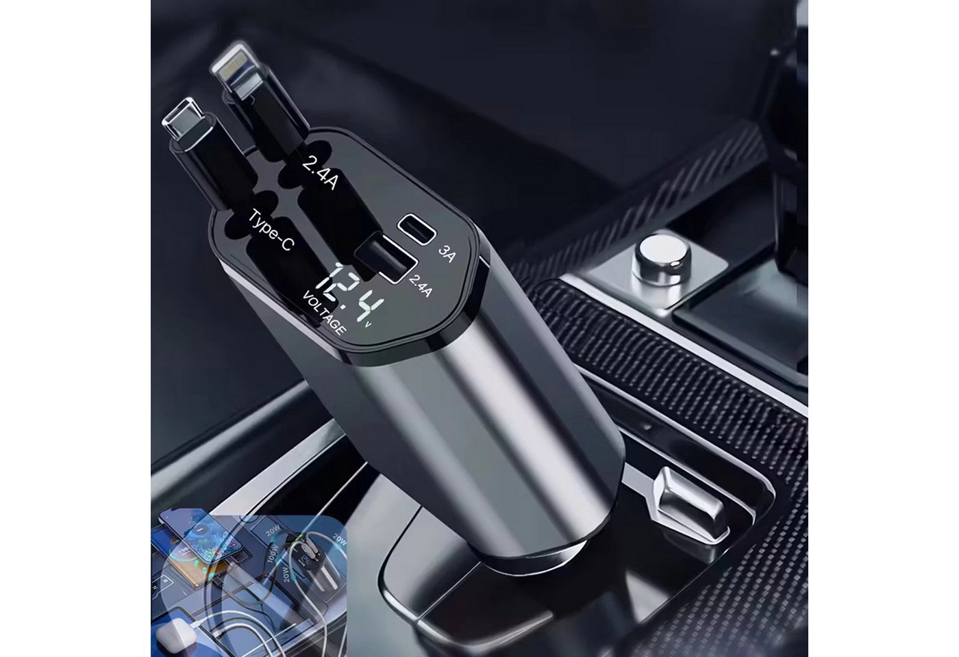 Realb2b Auto Ladegerät 4in1 KFZ USB C Adapter mit Kabel 80cm 12V 24V KFZ Adapter (4 Geräte laden Kabel aufrollbar LED Anzeige Gelenk flexibel) Bild 2