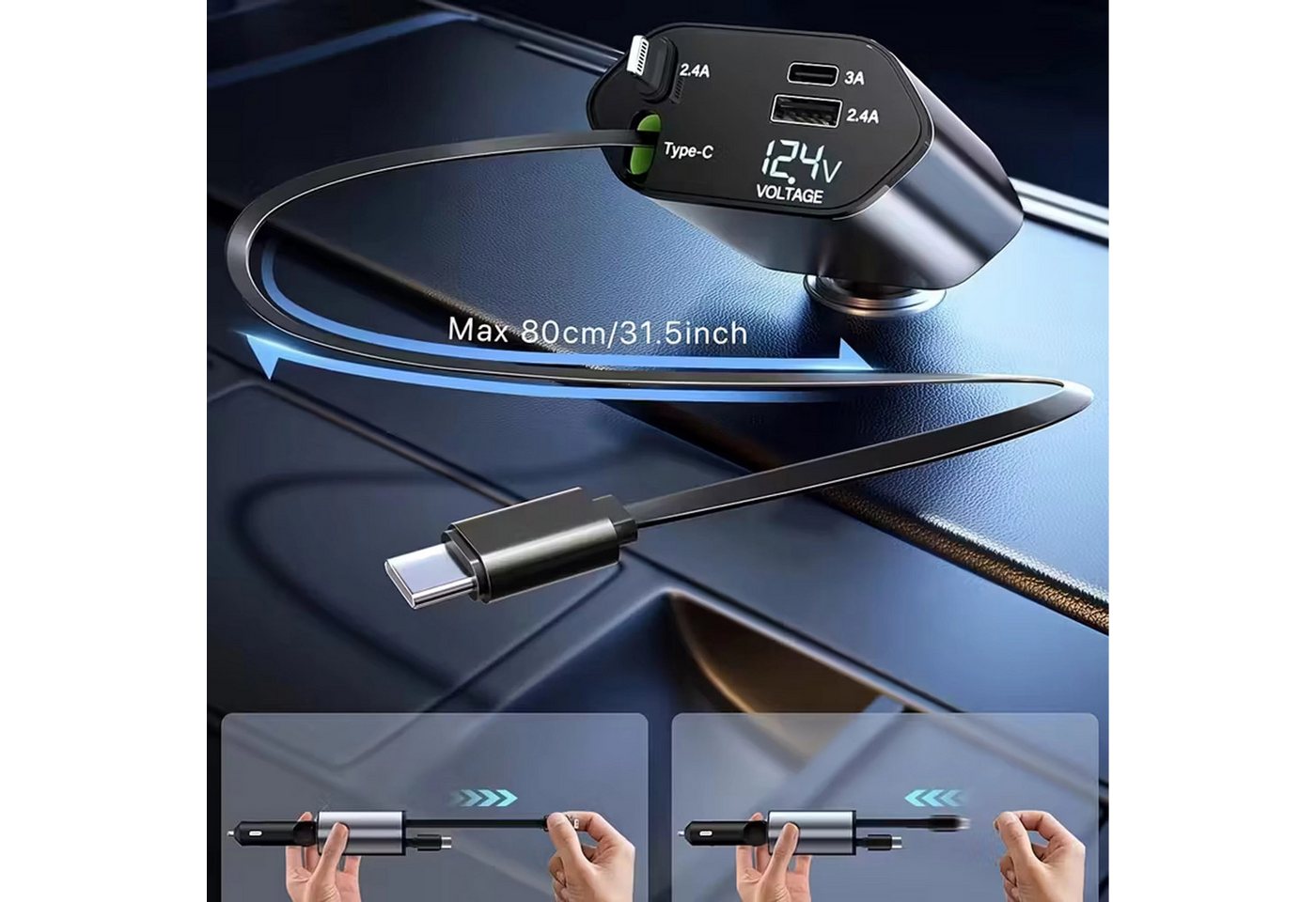 Realb2b Auto Ladegerät 4in1 KFZ USB C Adapter mit Kabel 80cm 12V 24V KFZ Adapter (4 Geräte laden Kabel aufrollbar LED Anzeige Gelenk flexibel) Bild 3