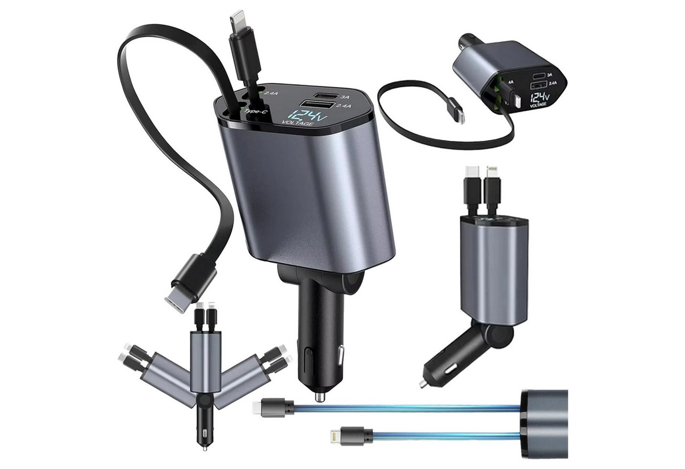 Realb2b Auto Ladegerät 4in1 KFZ USB C Adapter mit Kabel 80cm 12V 24V KFZ Adapter (4 Geräte laden Kabel aufrollbar LED Anzeige Gelenk flexibel) Bild 4