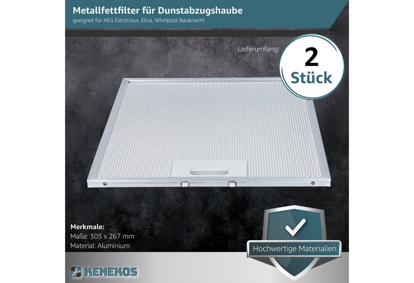 Kenekos Fettfilter Metall 2 Stück Austauschfilter Ersatzfilter, Zubehör für AEG 405525042-9 4055250429, Elica 93952919 GRI0009219A, KIT0010805 Whirlpool C00314158 ARI314158 Bild 2