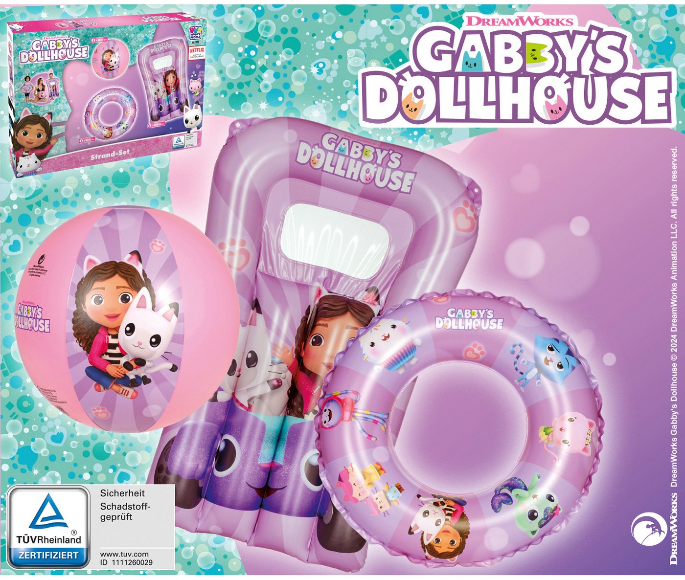 Happy People Luftmatratze Strandset Gabby's Dollhouse, enthält Strandball, Schwimmring und Kindermatratze Bild 5