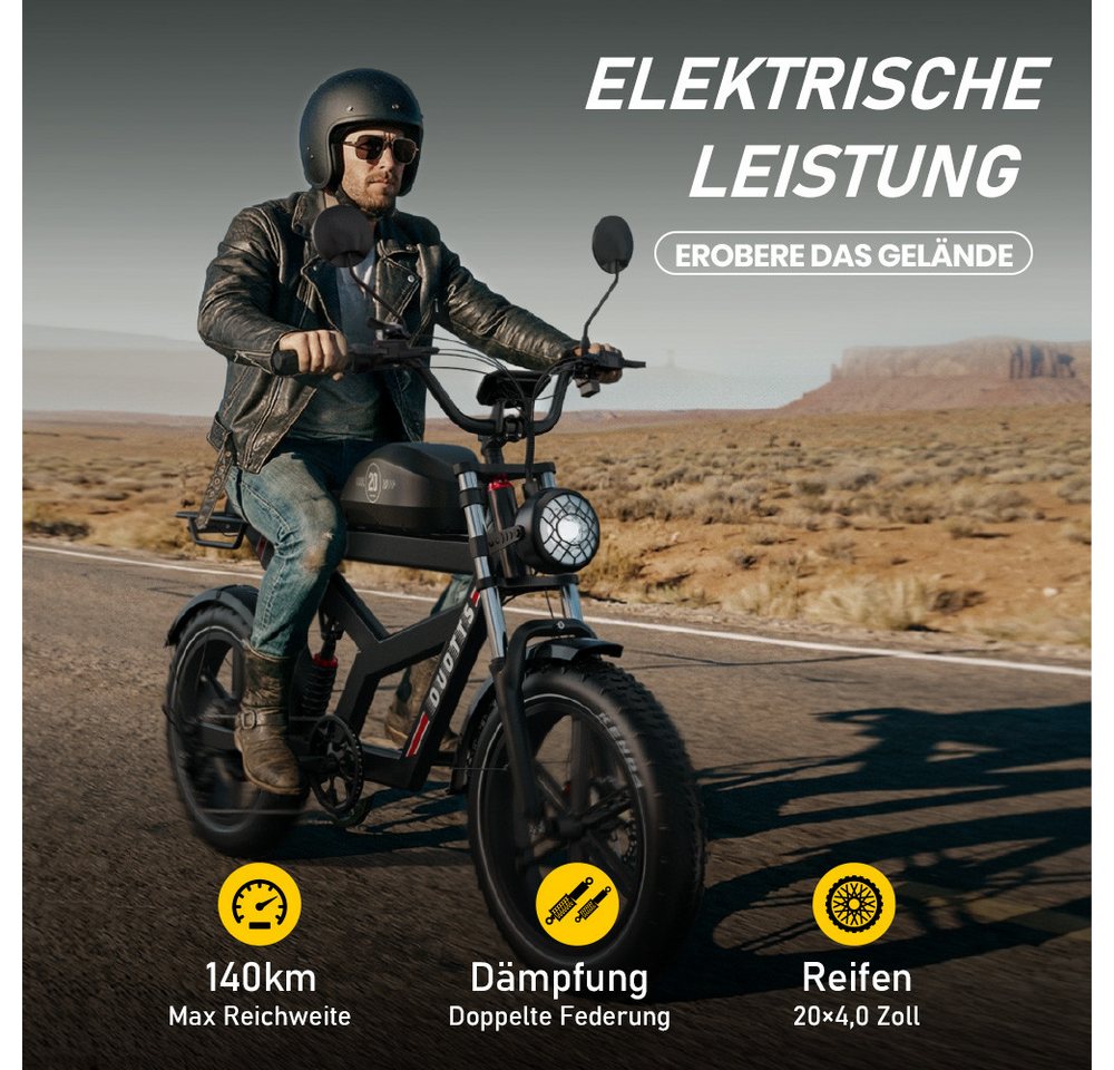 DUOTTS E-Bike max140km, APP-Sicherheit 1404wh 20×4,0 Zoll Fat-Tires 7-Gang Unisex, Kettenschaltung, Heckmotor, 1404 Wh, APP-Steuerung 1404wh Elektrofahrrad max140km