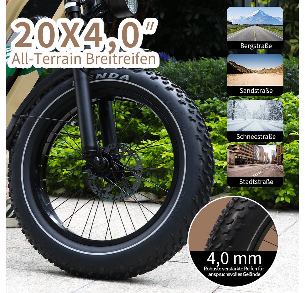 Vankel E-Bike Cityrad herren Elektrofahrrad 648WH cityrad 20×4.0 Zoll damen 13.5AH 65Nm, Kettenschaltung, Heckmotor, 648 Wh, Retro E-Fatbike mit hydraulischen Scheibenbremse