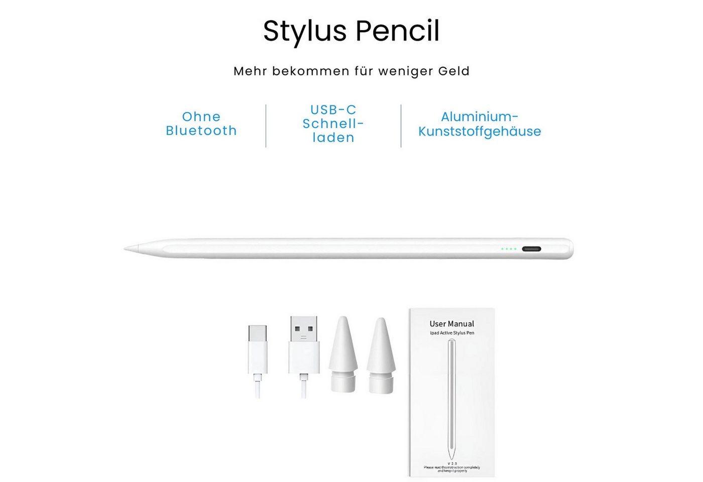 StellarLuma Eingabestift Eingabestift für iPad Schnellladen USB-C für Apple iPad Gen: 2018-2014 (Sylus Pencil wiederaufladbar, USB Pencil für iPad, Ersatzspitze, USB-C Ladekabel) Geeignet für alle iPad Modelle von 2018 - 2024 inklusive Ersatzspitze