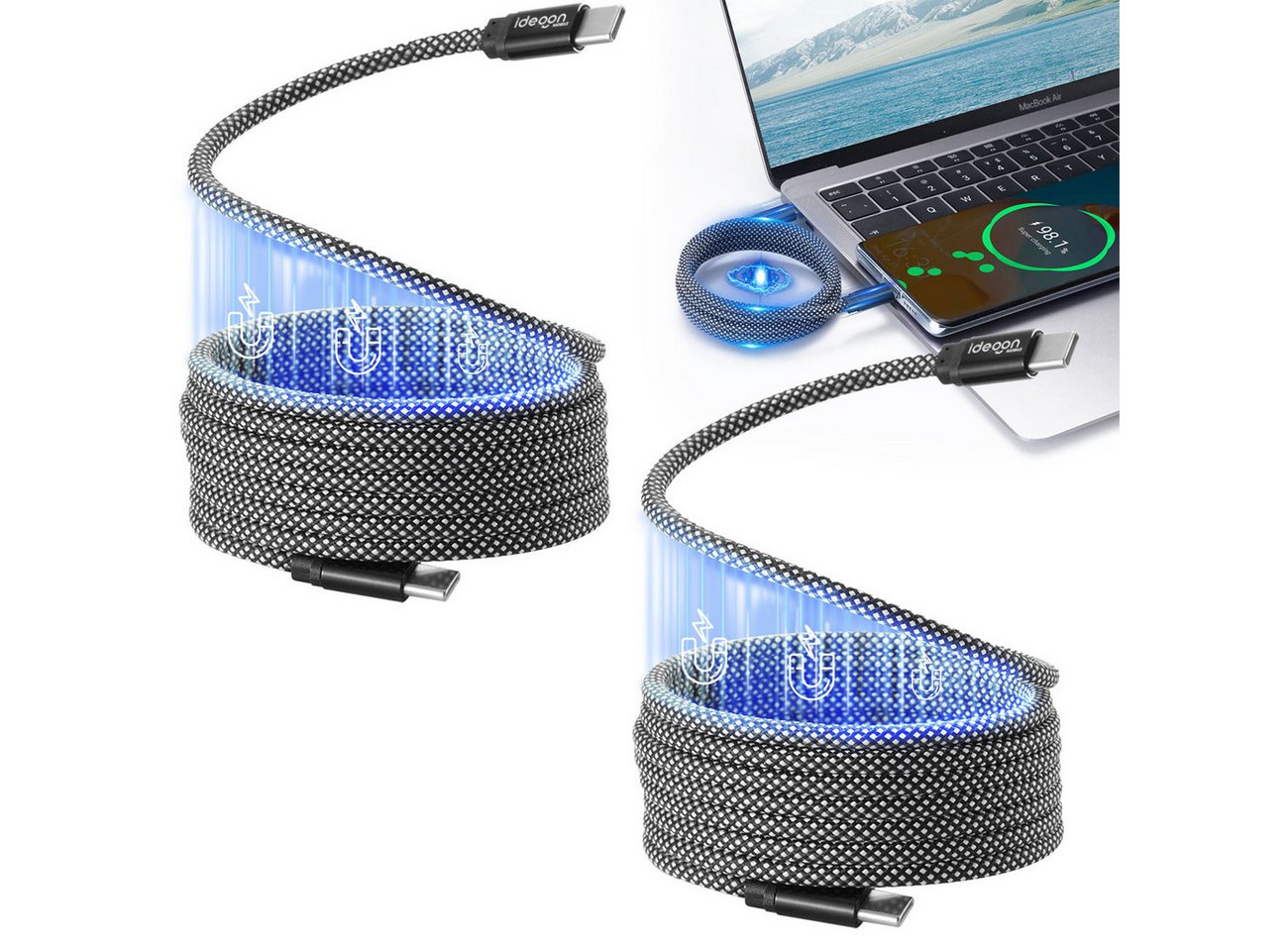 shop'n smile ideoon 100W USB-C Ladekabel 1m magnetische Aufrollfunktion Schnellladefähig USB-Kabel, Datenübertragung bis 480 Mbit/s, knotenfreies Aufrollen, 1m