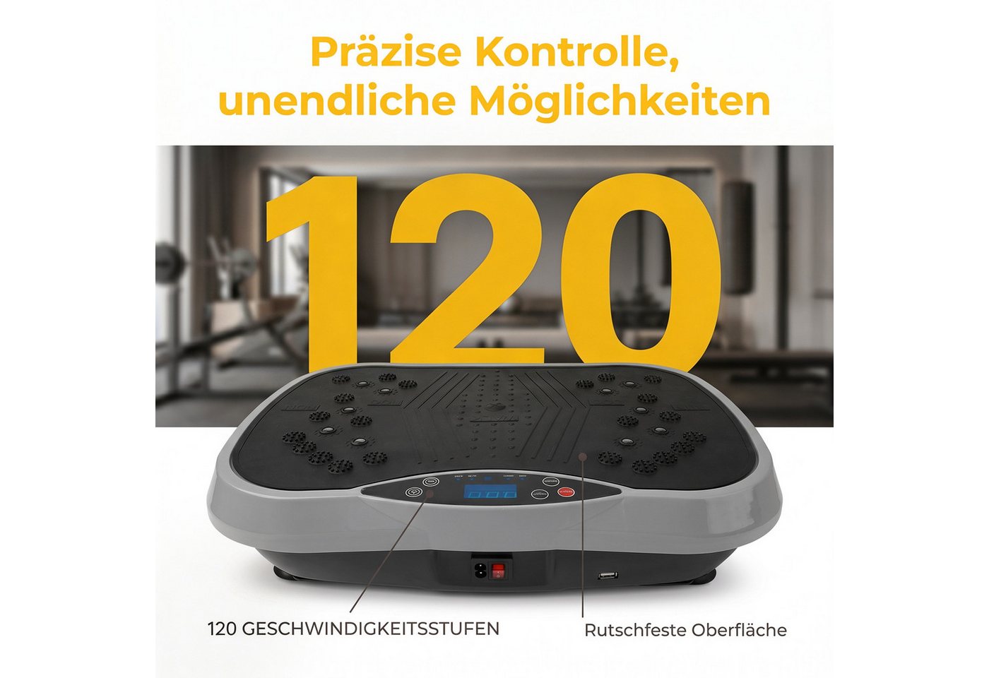 AKKEE Vibrationsplatte Trainingsgerät, 200 Intensitätsstufen 3 Trainingsprogramme, 200 W, mit 5 Yogagurte Intelligentes LCD-Display