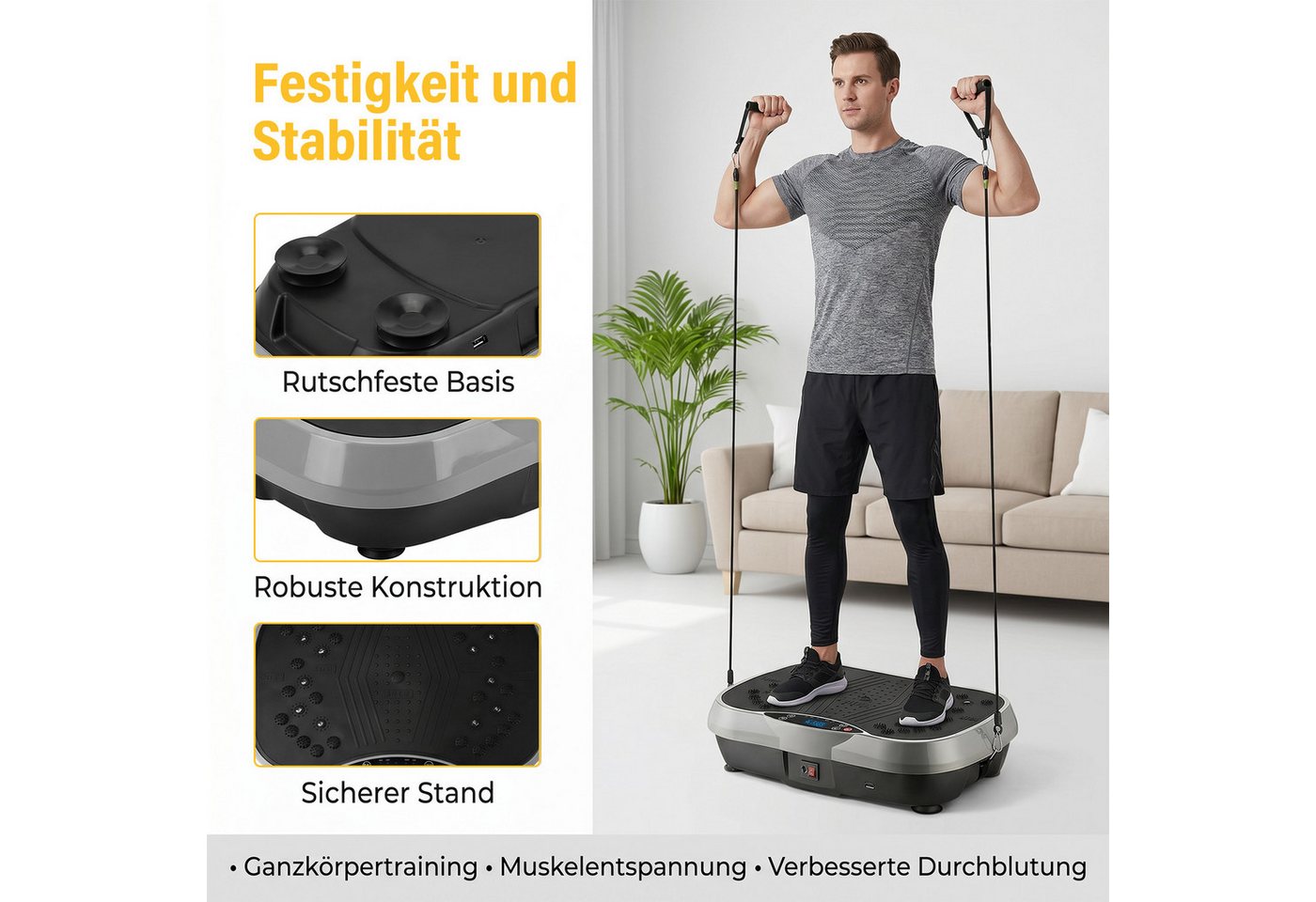 AKKEE Vibrationsplatte Trainingsgerät, 200 Intensitätsstufen 3 Trainingsprogramme, 200 W, mit 5 Yogagurte Intelligentes LCD-Display Bild 4