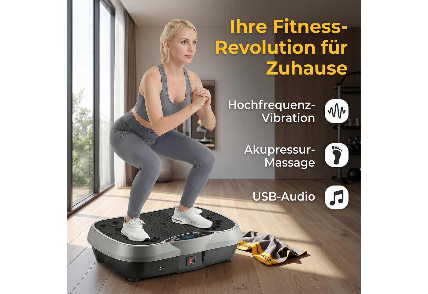 AKKEE Vibrationsplatte Trainingsgerät, 200 Intensitätsstufen 3 Trainingsprogramme, 200 W, mit 5 Yogagurte Intelligentes LCD-Display Bild 5