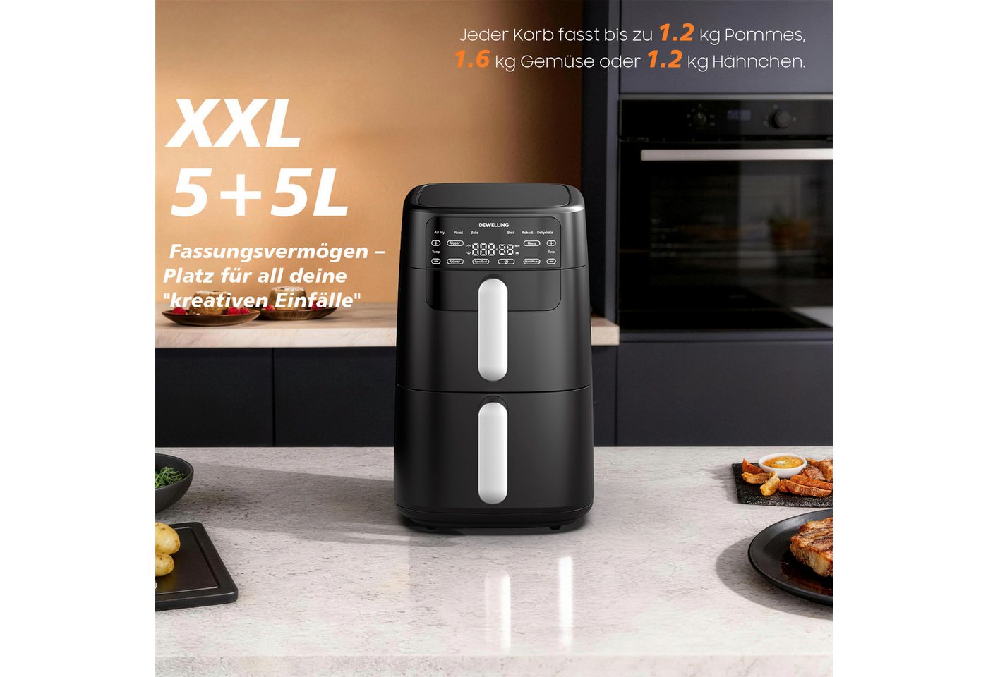 AIMAX Heißluftfritteuse 10L Dual-Korb Air Fryer mit Digitaldisplay, fettarmes Frittieren für Familien, 2700 W, 6 programme & Knusprige Ergebnisse mit wenig Öl, 360° Luftzirkulation
