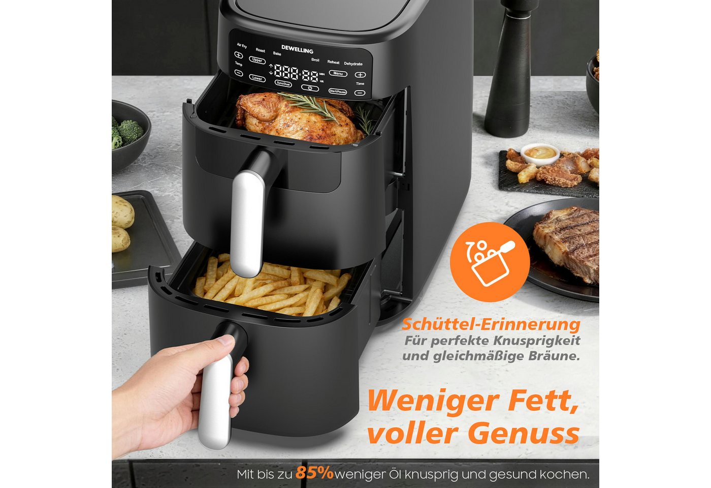 AIMAX Heißluftfritteuse 10L Dual-Korb Air Fryer mit Digitaldisplay, fettarmes Frittieren für Familien, 2700 W, 6 programme & Knusprige Ergebnisse mit wenig Öl, 360° Luftzirkulation Bild 2