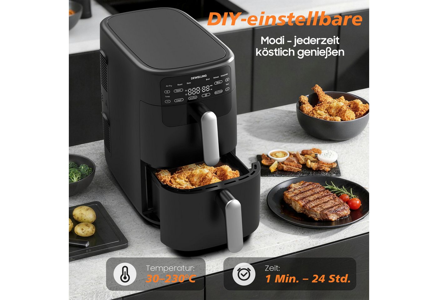 AIMAX Heißluftfritteuse 10L Dual-Korb Air Fryer mit Digitaldisplay, fettarmes Frittieren für Familien, 2700 W, 6 programme & Knusprige Ergebnisse mit wenig Öl, 360° Luftzirkulation Bild 3