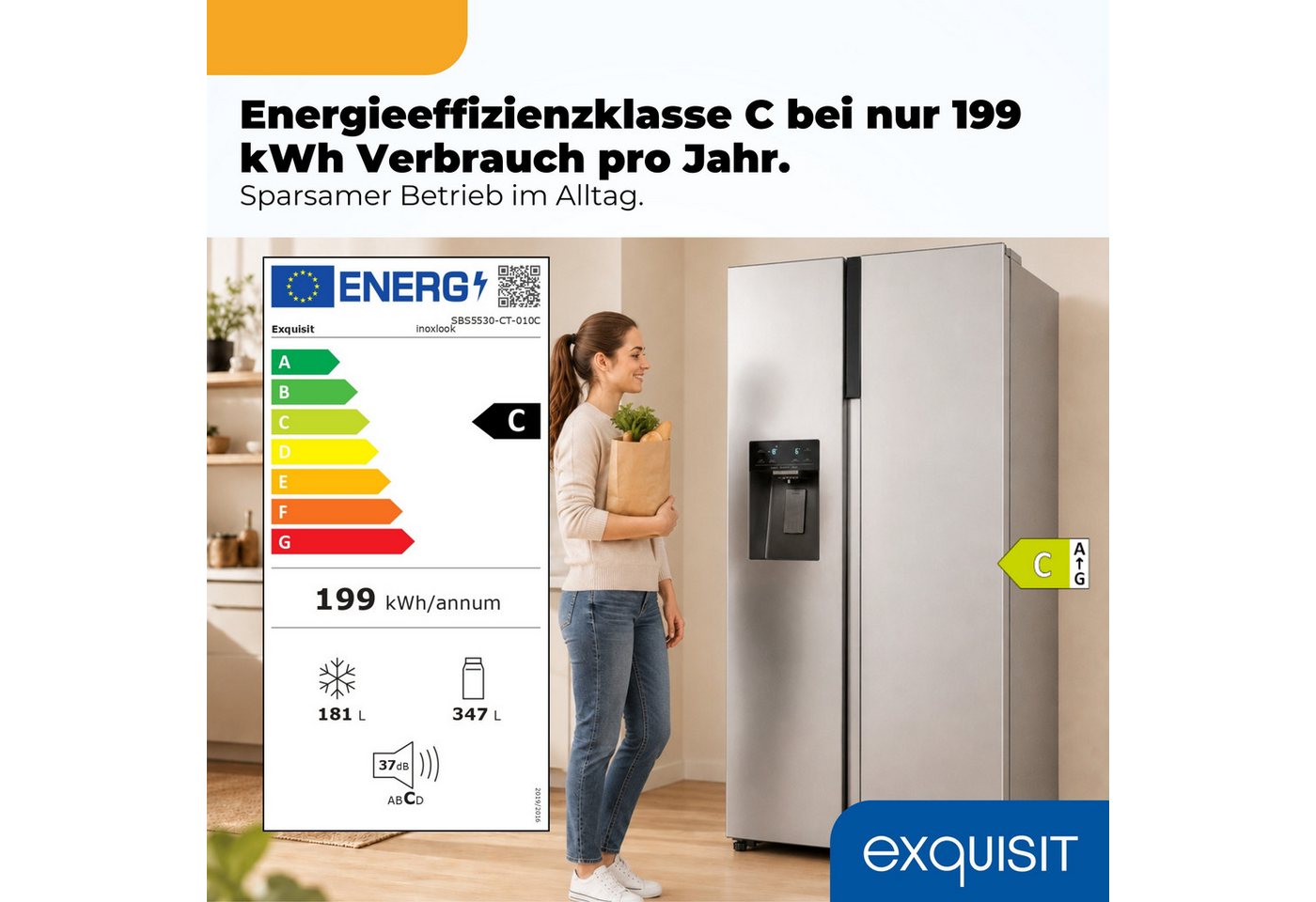 exquisit Side-by-Side SBS5530-CT-010C, 178,8 cm hoch, 91,1 cm breit, 528 l Nutzinhalt gesamt, 4 Sternefach, Energieklasse C, 37 dB Bild 4